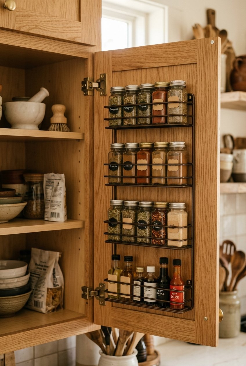 Door mounted rack organizing small items inside a kitchen cabinet